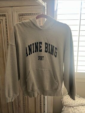 Anine Bing Gray Logo Hoodie with Kangaroo Pocket